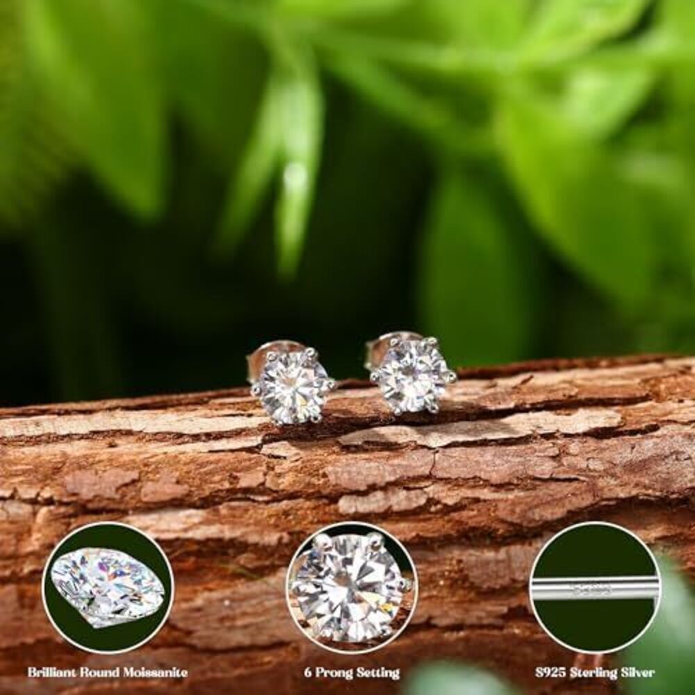 3029 Moissanite Earrings Studs : 18K White Gold Plated 925 Sterling Silver - Picture 2 of 7